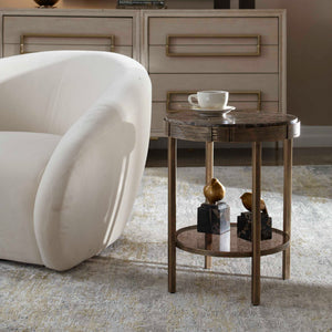 Uttermost Cusano Marble Round Accent Table with Brass Base and Glass Shelf