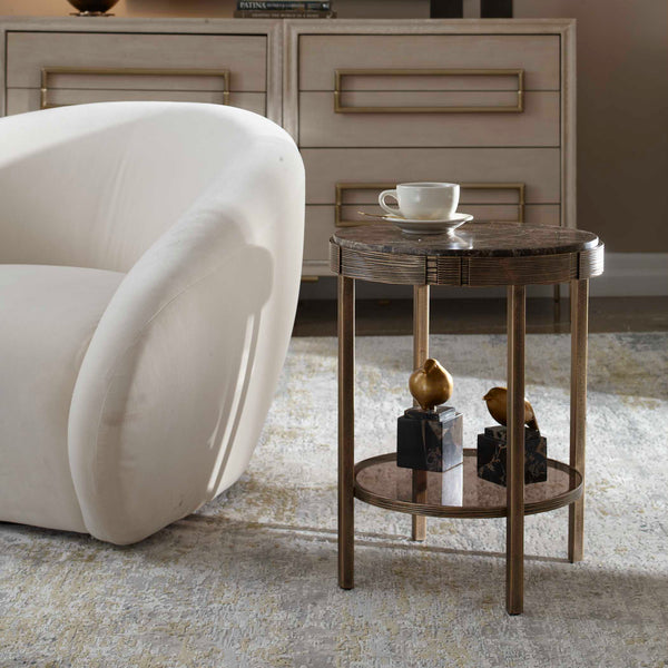Uttermost Cusano Marble Round Accent Table with Brass Base and Glass Shelf