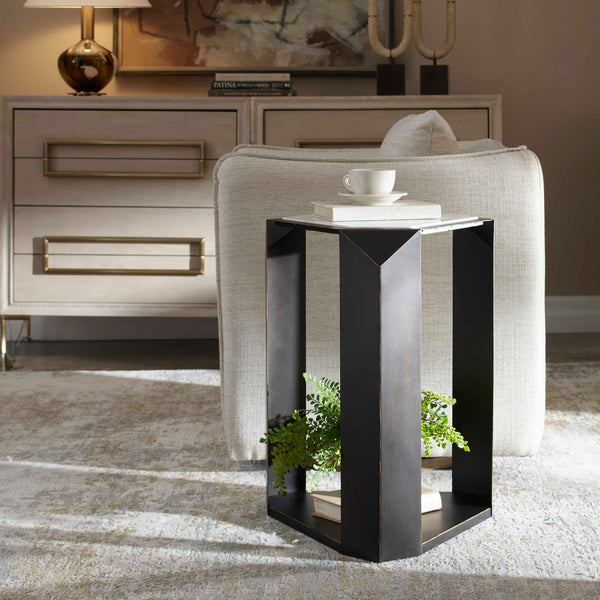 Uttermost Keenan Geometric Iron Base Accent Table with Natural White Marble Top