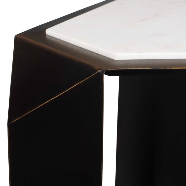 Uttermost Keenan Geometric Iron Base Accent Table with Natural White Marble Top
