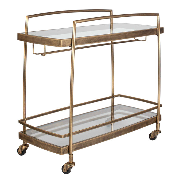 Uttermost Scarritt Two Shelf Glass and Iron Bar Cart with Rolling Casters Antique Brass