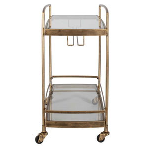 Uttermost Scarritt Two Shelf Glass and Iron Bar Cart with Rolling Casters Antique Brass