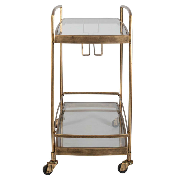 Uttermost Scarritt Two Shelf Glass and Iron Bar Cart with Rolling Casters Antique Brass
