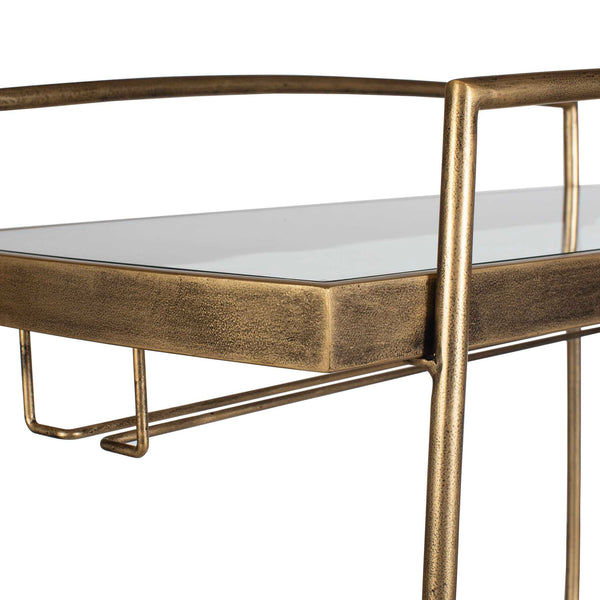 Uttermost Scarritt Two Shelf Glass and Iron Bar Cart with Rolling Casters Antique Brass