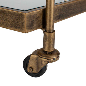 Uttermost Scarritt Two Shelf Glass and Iron Bar Cart with Rolling Casters Antique Brass