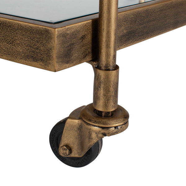 Uttermost Scarritt Two Shelf Glass and Iron Bar Cart with Rolling Casters Antique Brass