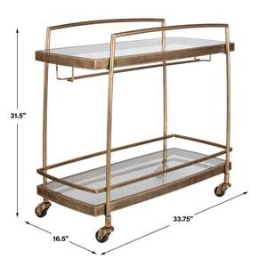 Uttermost Scarritt Two Shelf Glass and Iron Bar Cart with Rolling Casters Antique Brass