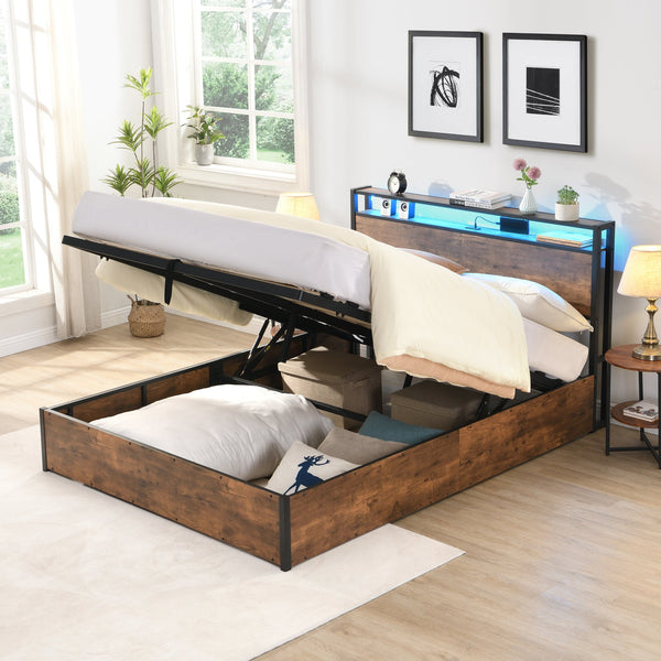 English Elm Lift-Up Storage Bed Frame: Full-Sized Platform Bed With Led Lights, Charging Station & Rustic Brown Finish W1916P184709