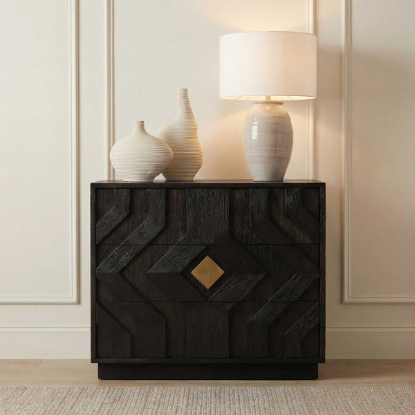 Uttermost Faulkner Chevron Oak Veneer Three Drawer Chest with Brushed Gold Pulls
