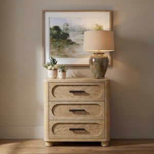 Uttermost Scottie Mixed Wood Three Drawer Chest with Bronze Pulls and Fabric Fronts