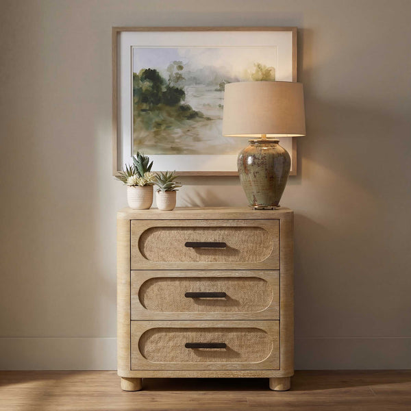 Uttermost Scottie Mixed Wood Three Drawer Chest with Bronze Pulls and Fabric Fronts