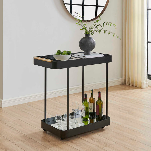 Uttermost Vesper Rolling Bar Cart with Iron Frame Glass Top and Mirrored Shelf