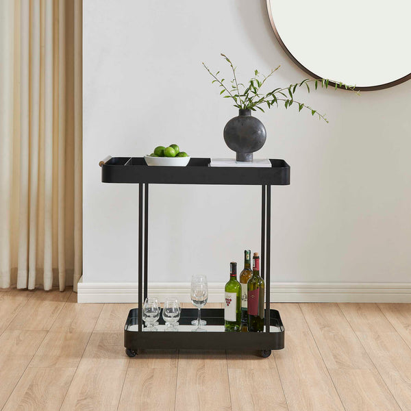 Uttermost Vesper Rolling Bar Cart with Iron Frame Glass Top and Mirrored Shelf
