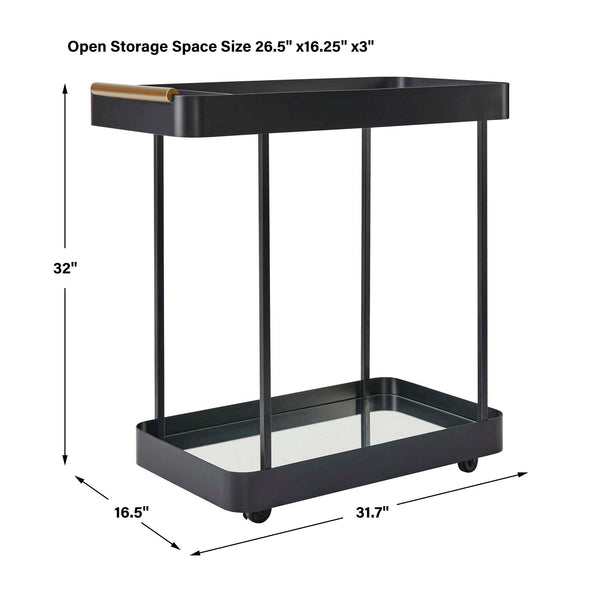 Uttermost Vesper Rolling Bar Cart with Iron Frame Glass Top and Mirrored Shelf