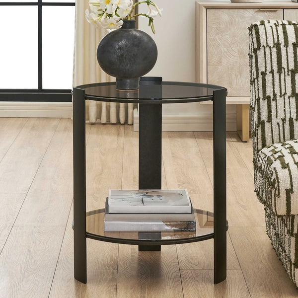 Uttermost Hanson Amber Glass and Bronze Metal Two Shelf Living Room Side Table