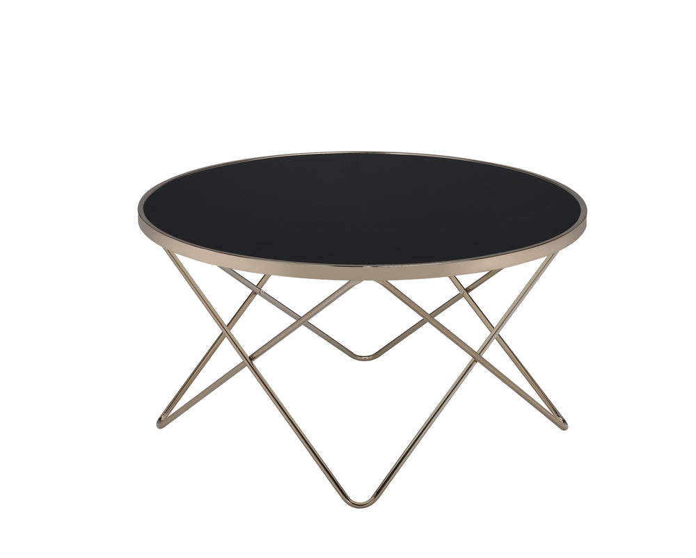 English Elm Valora Round Black Smoky Glass Coffee Table with Champagne V-Base, Modern Luxe Centerpiece B2726P256184
