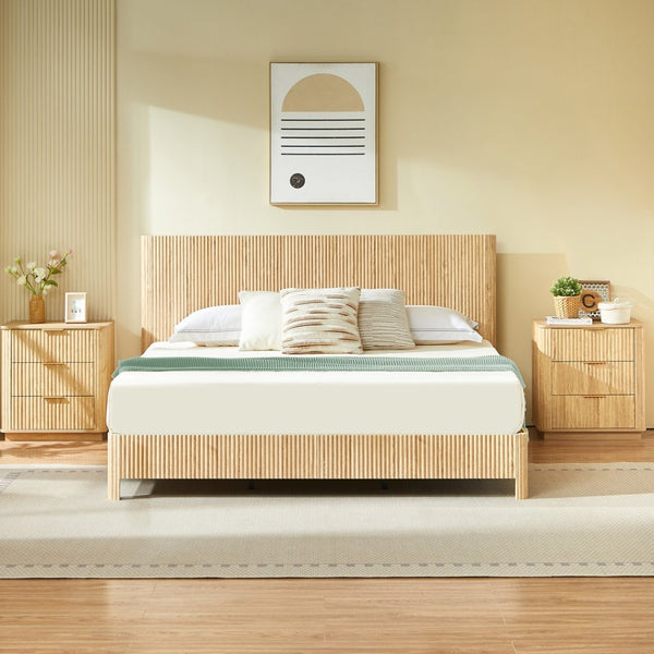 English Elm Queen Bed Frame with Led Lighting Curved Groove Panels and Floating Base Modern Bedroom W1820S00067