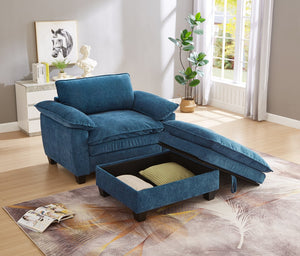 English Elm 51" Oversize Chaise Lounge Chair with Ottoman and Hidden Storage Upholstered in Soft Chenille Comfort Blue W1097S00153
