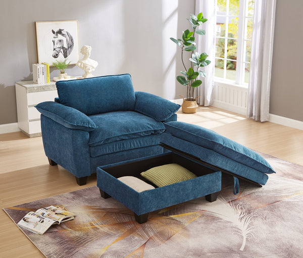 English Elm 51" Oversize Chaise Lounge Chair with Ottoman and Hidden Storage Upholstered in Soft Chenille Comfort Blue W1097S00153