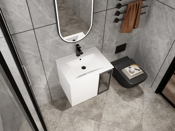 English Elm 24" Floating Bathroom Vanity Glossy White Plywood Cabinet Ceramic Sink Soft Close W999S00523