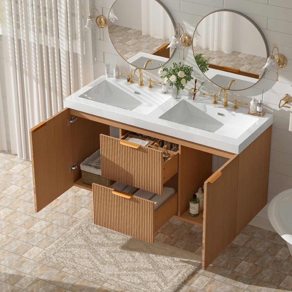 English Elm [video]47.24 Inch Floating Double Sink Vanity Mdf Cabinet Gold Handles Modern Bath N729P000025N