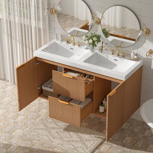 English Elm [video]47.24 Inch Floating Double Sink Vanity Mdf Cabinet Gold Handles Modern Bath N729P000025N