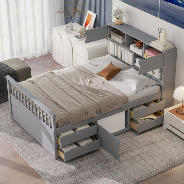 English Elm Full Size Captain Platform Bed Frame With Storage, Bookcase Headboard & Configurable Drawers, Gray N7090000473E