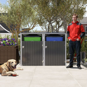 English Elm Garbage Bin Shed Galvanized Steel Enclosure for Two Cans Outdoor Weather Resistant Dark Gray W1598P357714