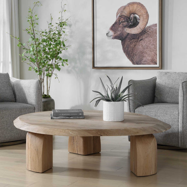 Uttermost Tiernan Solid Reclaimed Oak Oval Coffee Table with Sculptural Faceted Legs