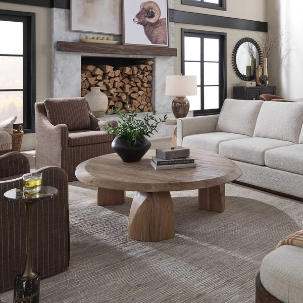 Uttermost Tiernan Solid Reclaimed Oak Oval Coffee Table with Sculptural Faceted Legs