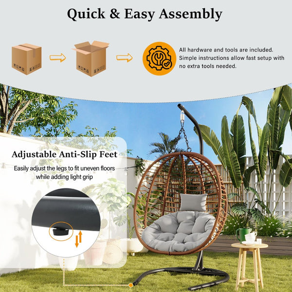 English Elm U_style Wicker Hanging Egg Chair with Stand Foldable Indoor Outdoor Swing Seat Brown+Gray N711P389503G