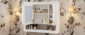 English Elm 35inch White Wall Mounted Medicine Cabinet Mirrored Doors Open Shelving Bathroom Storage N710P415335K