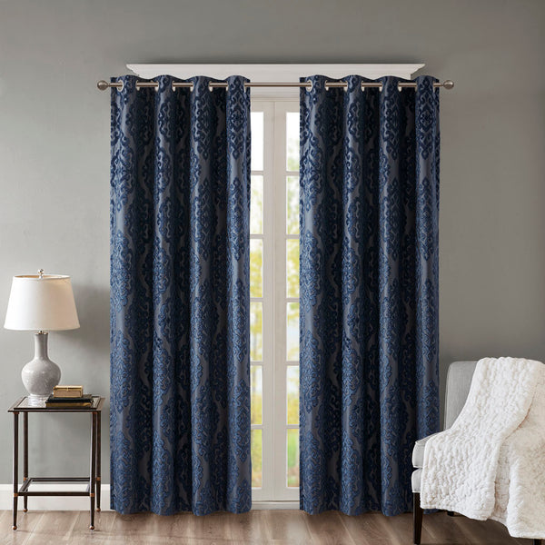 JLA Home SunSmart - Knitted Elegant Jacquard Damask Blackout Curtain Panel — Foam-Backed Thermal & Acoustic Privacy Drapes Navy SS40-0101