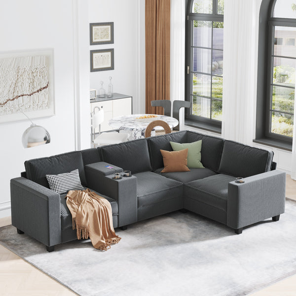 English Elm L-Shaped 4-Seater Corduroy Sofa With Storage Armrests, Usb Charging & Configurable Design, Grey W680S00050