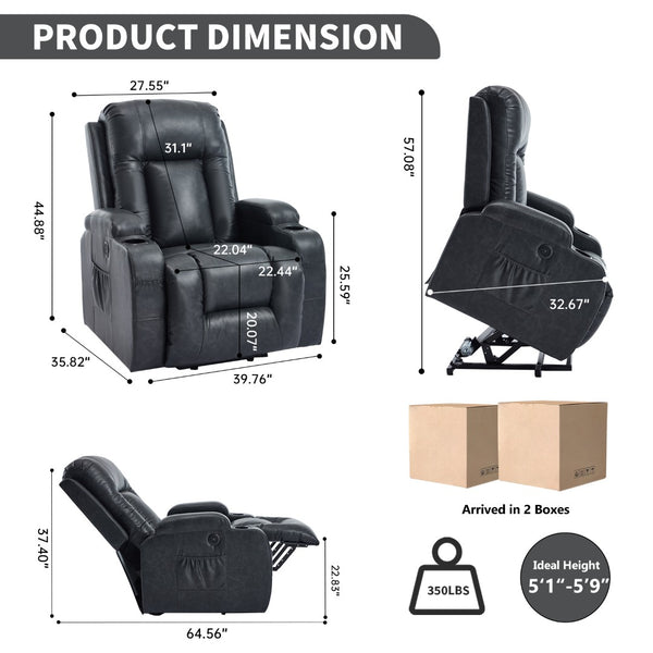 English Elm Beige Pu Leather Power Lift Recliner with Massage Lumbar Heat and Usb Charging Gray W1803S00084