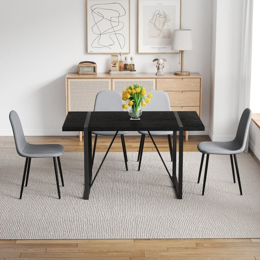 English Elm Table and Chair Set Retro Rectangular Dining with Textured Black Top Gray Linen Seats W1151S04378