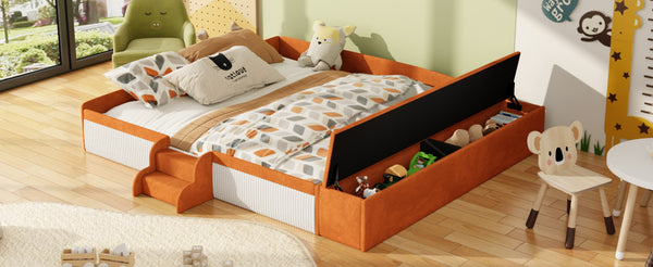 English Elm King Velvet Kids Platform Bed with Padded Guardrails Staircase and Storage Ottoman Brown+White SF000204AAD