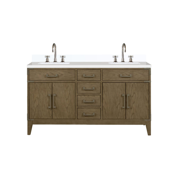 English Elm Grey Oak Double Bath Vanity - 60" W With Cultured Marble Top & Faucet Set, Stylish Storage Solution B2731P259860