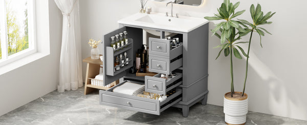 English Elm Christopher Knight Home® - 30" Freestanding Bathroom Vanity with Ceramic Sink, Soft-Close Door, Gold Knobs & 3 Drawers, Durable Painted Finish Grey N759P225994E