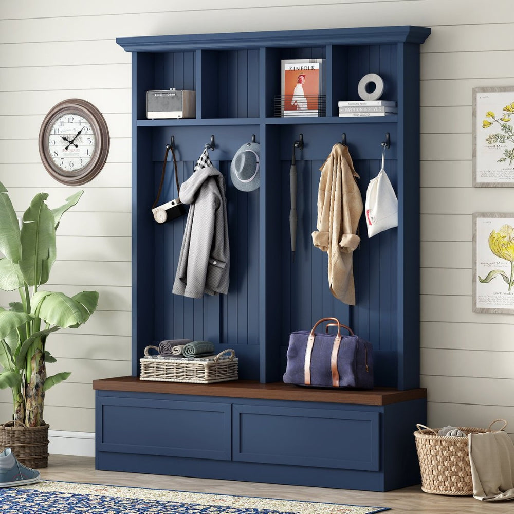 English Elm Rattan Door Hall Tree Bench with 6 Hooks Farmhouse Entryway Storage Blue N721S000076C