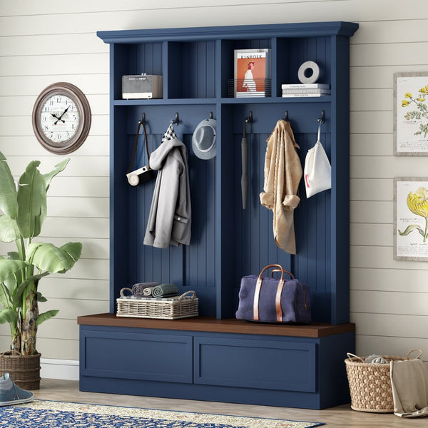 English Elm Rattan Door Hall Tree Bench with 6 Hooks Farmhouse Entryway Storage Blue N721S000076C