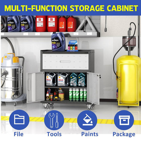 English Elm Sturdy Rolling Steel Garage Cabinet with Locking Doors One Drawer and Caster Wheels T2398P222833