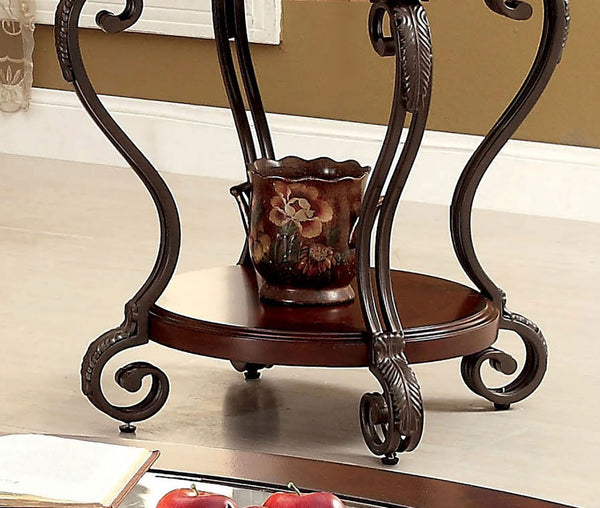 English Elm Traditional Ornate Brown Cherry End Table with Scroll Metal Legs, Open Shelf, 28"L x 28"W x 26.5"H, Classic Accent Piece B011P184987