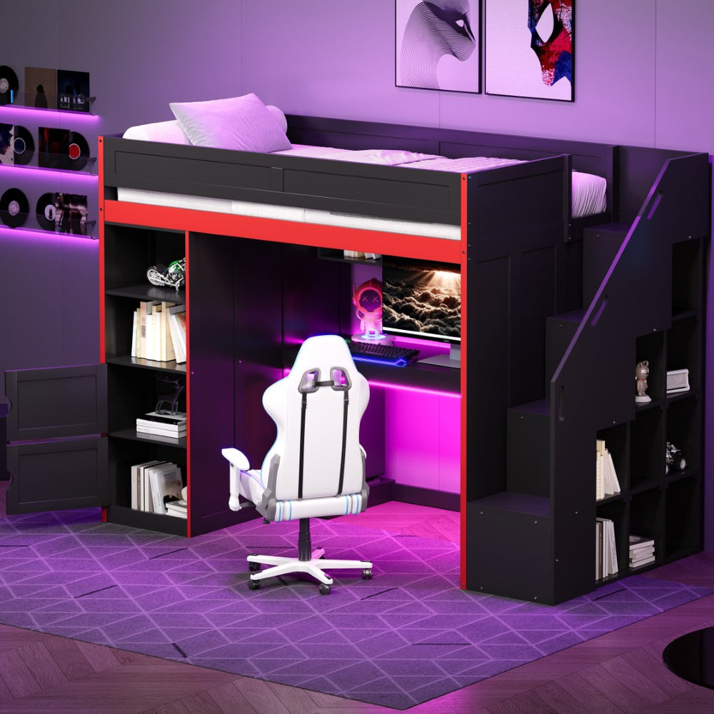 English Elm Gaming Twin Loft Bed with Led Desk Storage Locker and Bold Black Red Finish N709P004102J