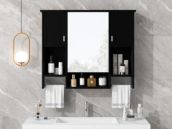 English Elm 35'' Stylish Wall-Mounted Bathroom Storage Cabinet With Mirror & Towel Bar, Modern Design Elegance N710P236929B