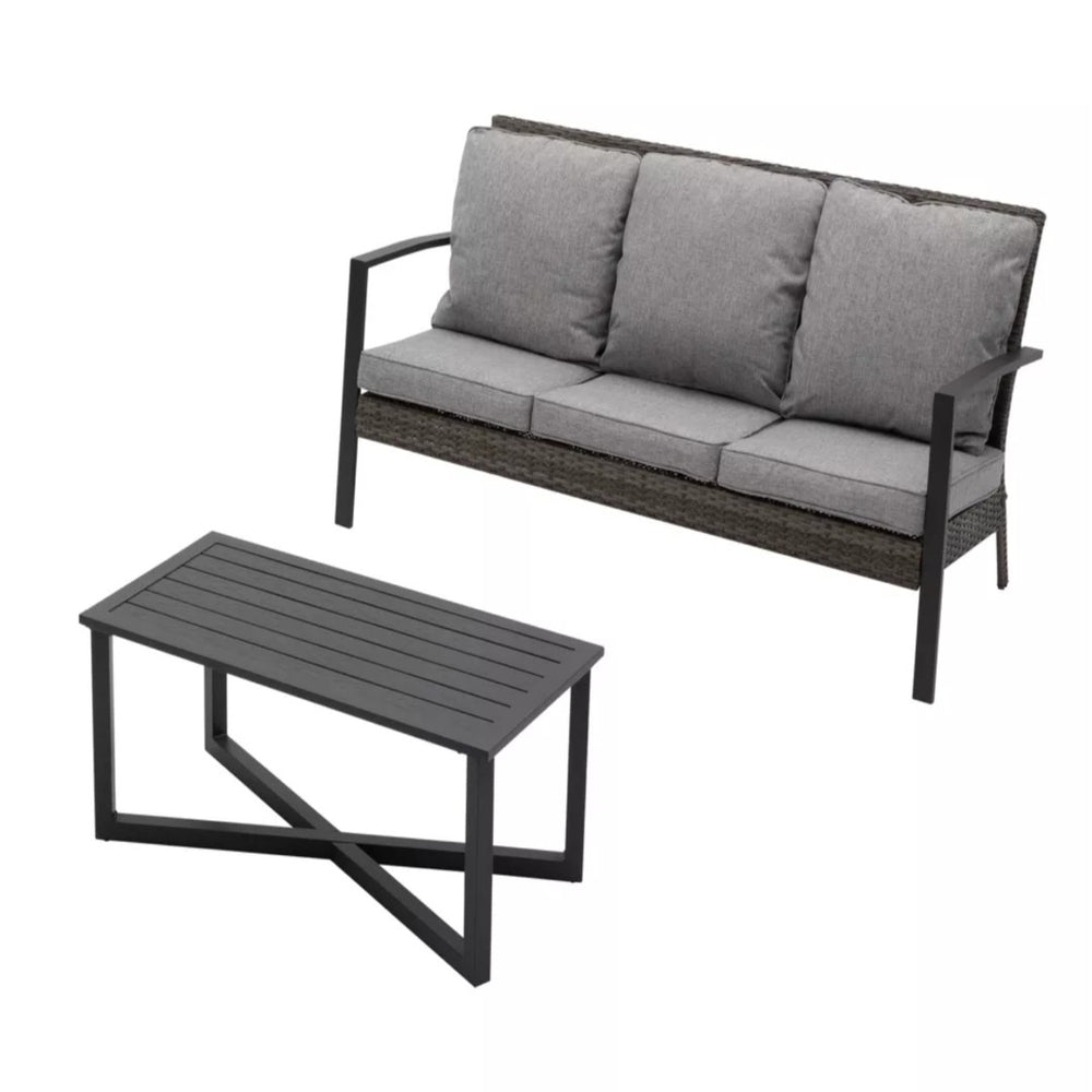 English Elm 2-piece Pe Rattan Outdoor Sofa Set with Steel Frame and Patio Coffee Table Gray B082P455166