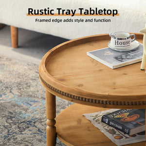 English Elm 31.3" Round Boho Coffee Table Walnut Brown – 2-Tier Rustic Solid Wood Accent Table with Beaded Trim W3306P318860