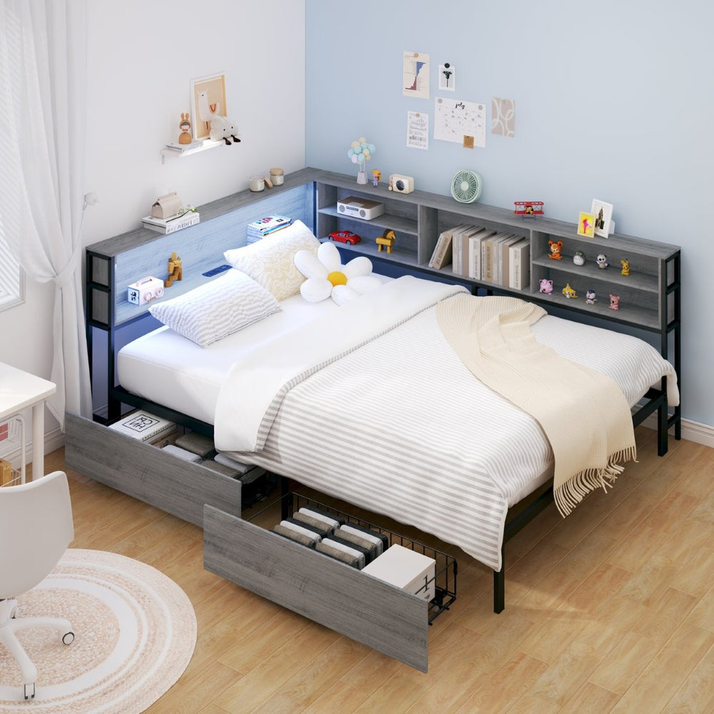 English Elm Twin Corner Daybed with Bookcase Headboard Led Lighting and Usb Charging Ports W3107P396528