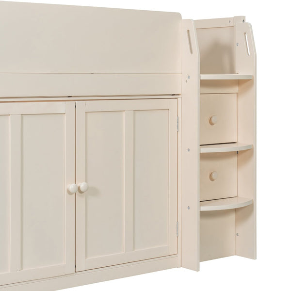 English Elm Twin House Loft Bed with Pull Out Rolling Desk Stair Drawers and Cabinet Storage Beige N820S00072A