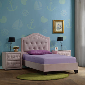English Elm Pink Tufted Panel Bed Arched Headboard with Crystal Buttons, 13-Slat Low-Profile Frame, White Legs B062S00472